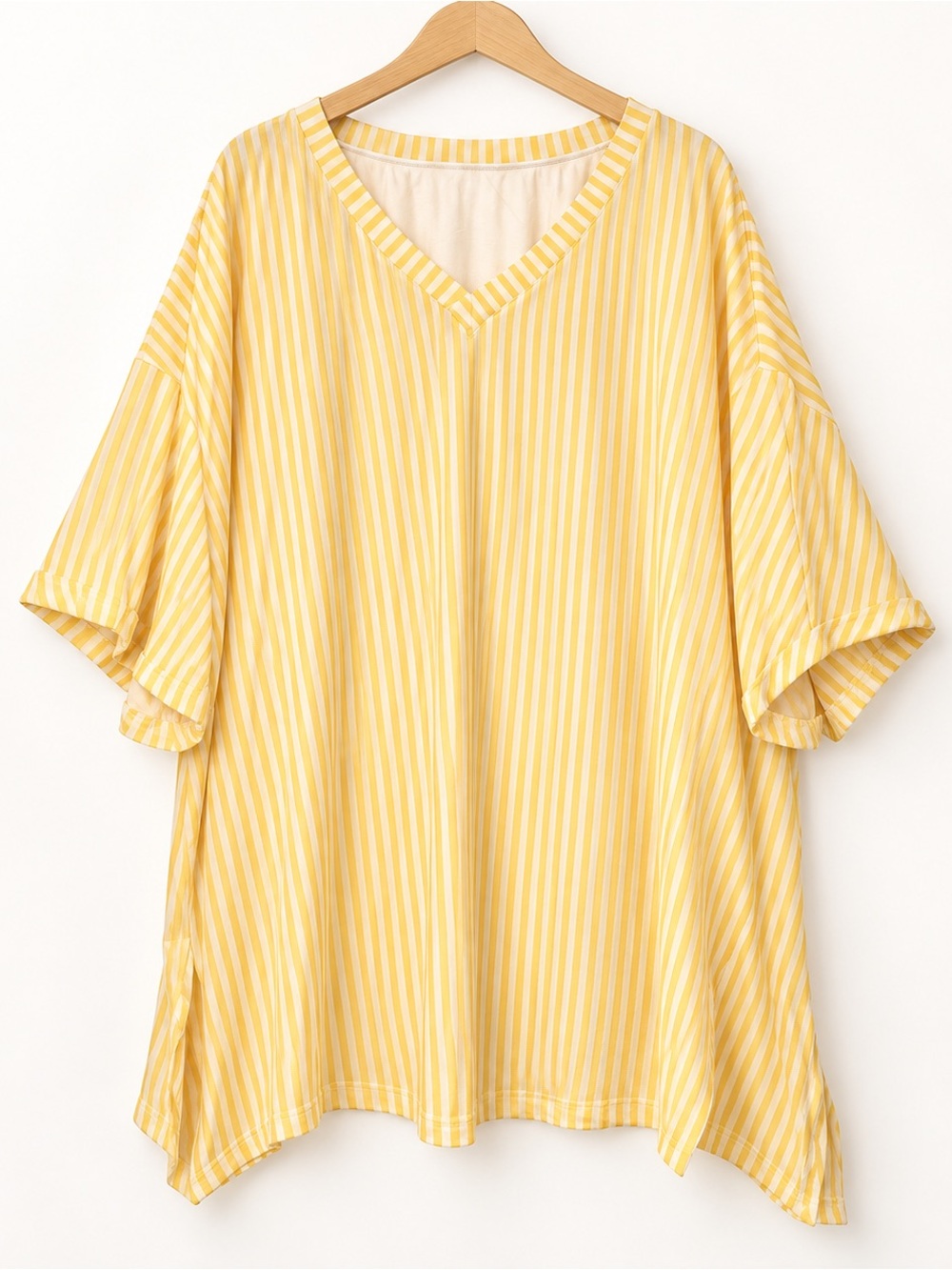 SHEIN Yellow and White Striped V-Neck Tunic